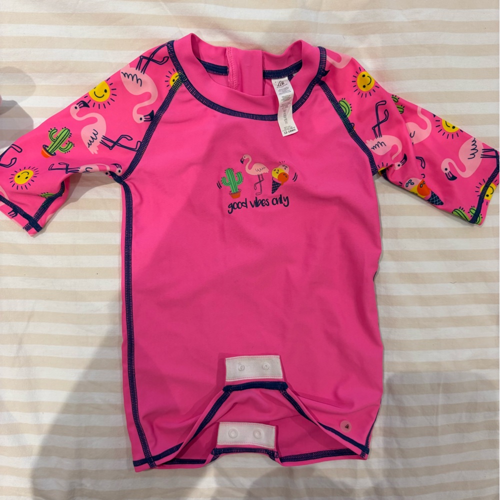 Bright Pink Rashguard Baby Bathing Suit with Flamingo and Sun Motif